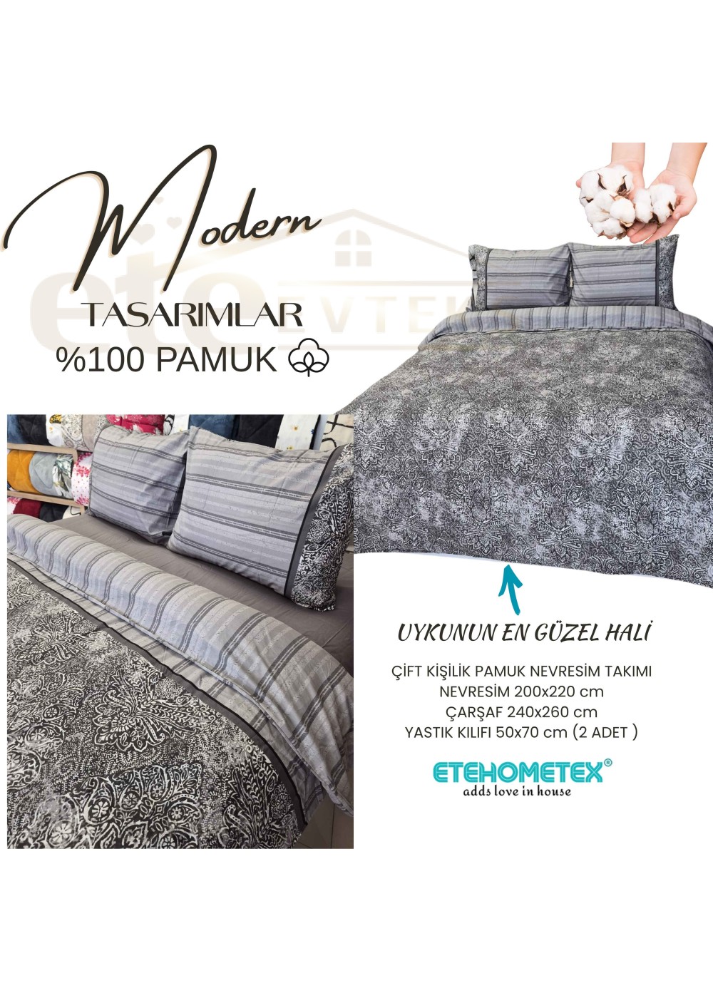 ETEHOMETEX %100 Pamuk Nevresim Takımı ÇİFT KİŞİLİK DAMASK GRİ 8696474232116